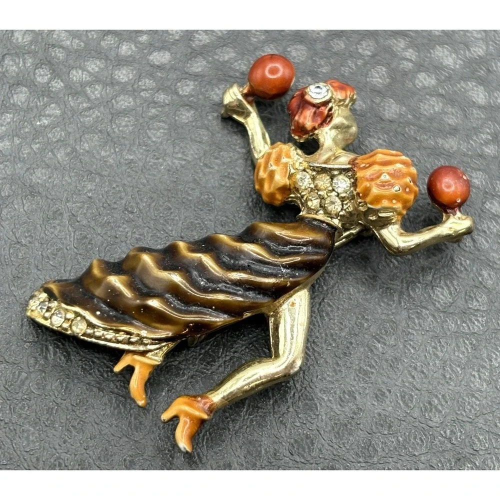 Vintage Cha Cha Dancer Rhumba Maracas Rhinestone Enamel Brooch Pin